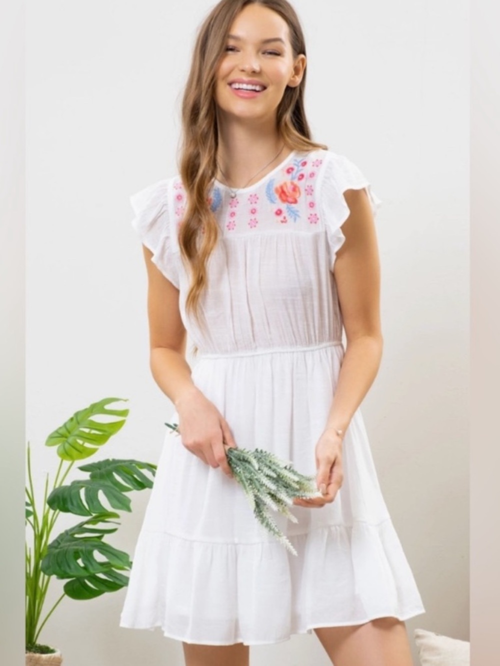 New Mine White Mini Dress with Pink Floral Embroidery women's size large